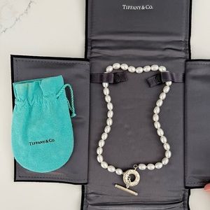 Tiffany & Co Pearl Sterling Silver Toggle Clasp Necklace & Bracelet w/ Storage